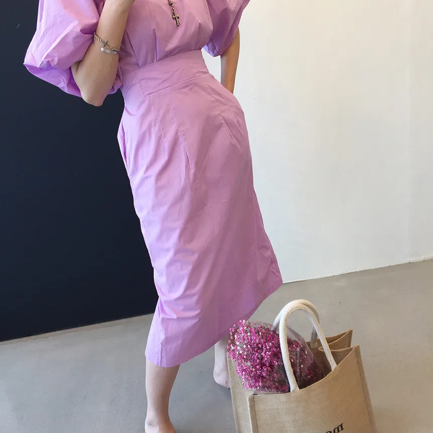 

O Neck Lantern Short Sleeve Dress Women High Waist Hip A Line Long Vestidos Sexy Open Back Solid Robe Summer 2021 New