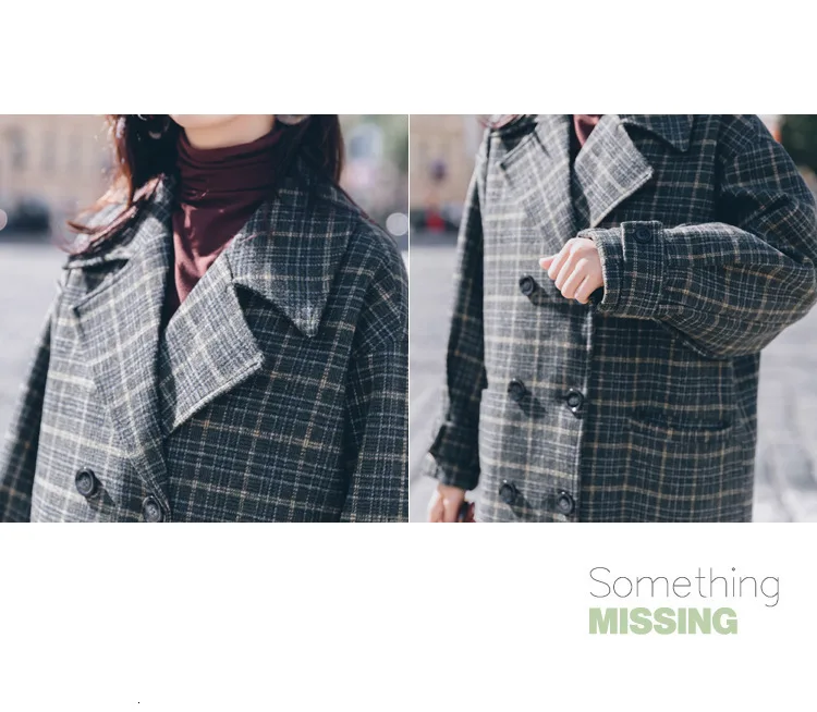 Vintage Plaids Clothes Loose Woollen Coat Women's New Checked Coat Baggy Silhouette Overcoat Tweeds Winter female Outerwear