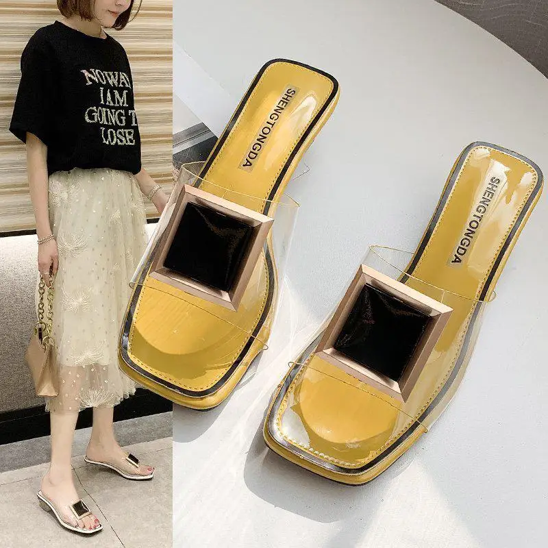 

2021 Fashion Square Buckle High Heels New Summer Shoes Woman Metal Transparent Square Mid Heel Mules Female Open Slides Slippers
