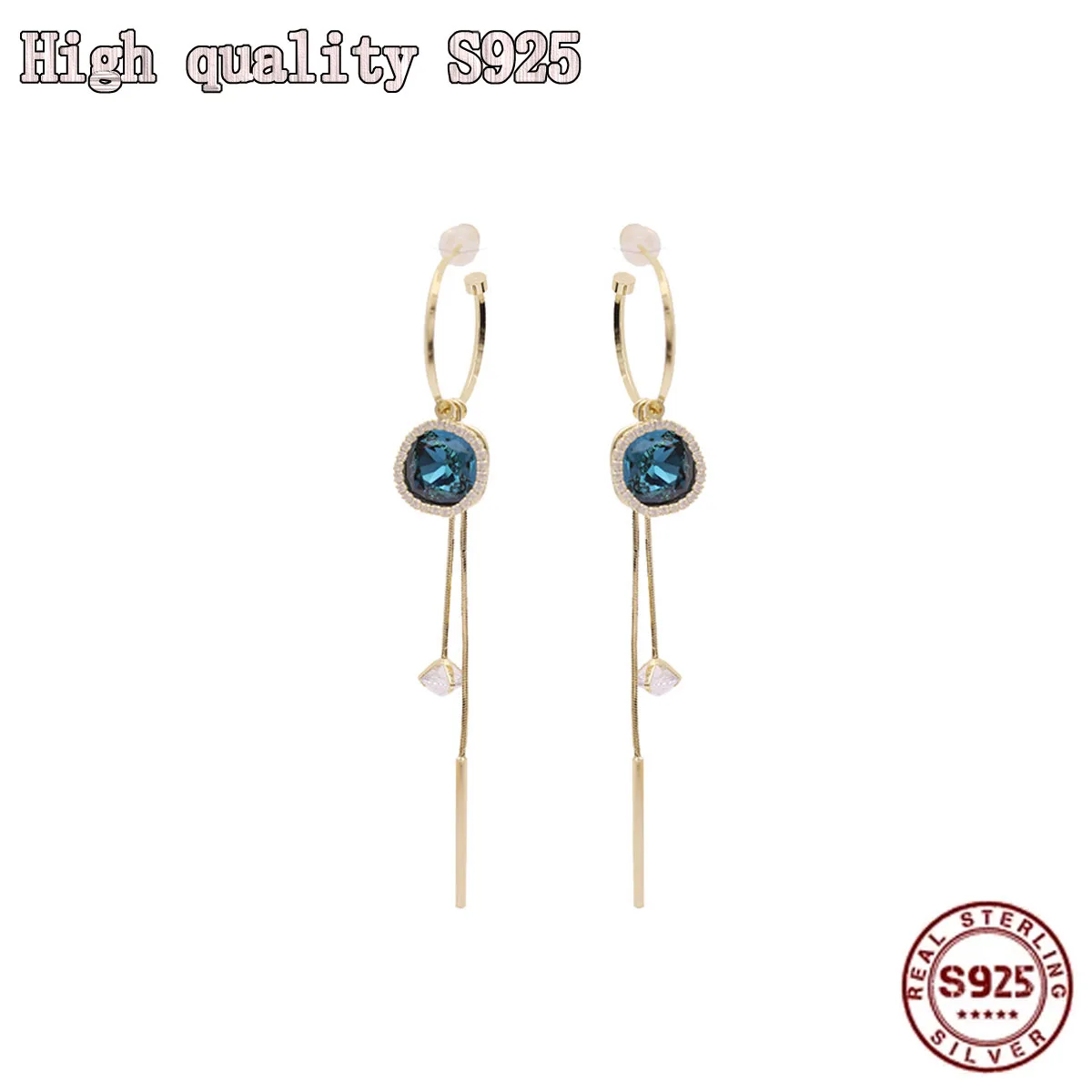 

High Quality Fashion Flower Blue Crystal Lady Earrings Temperament S925 Silver Needle Earrings Wholesale Drop Earrings