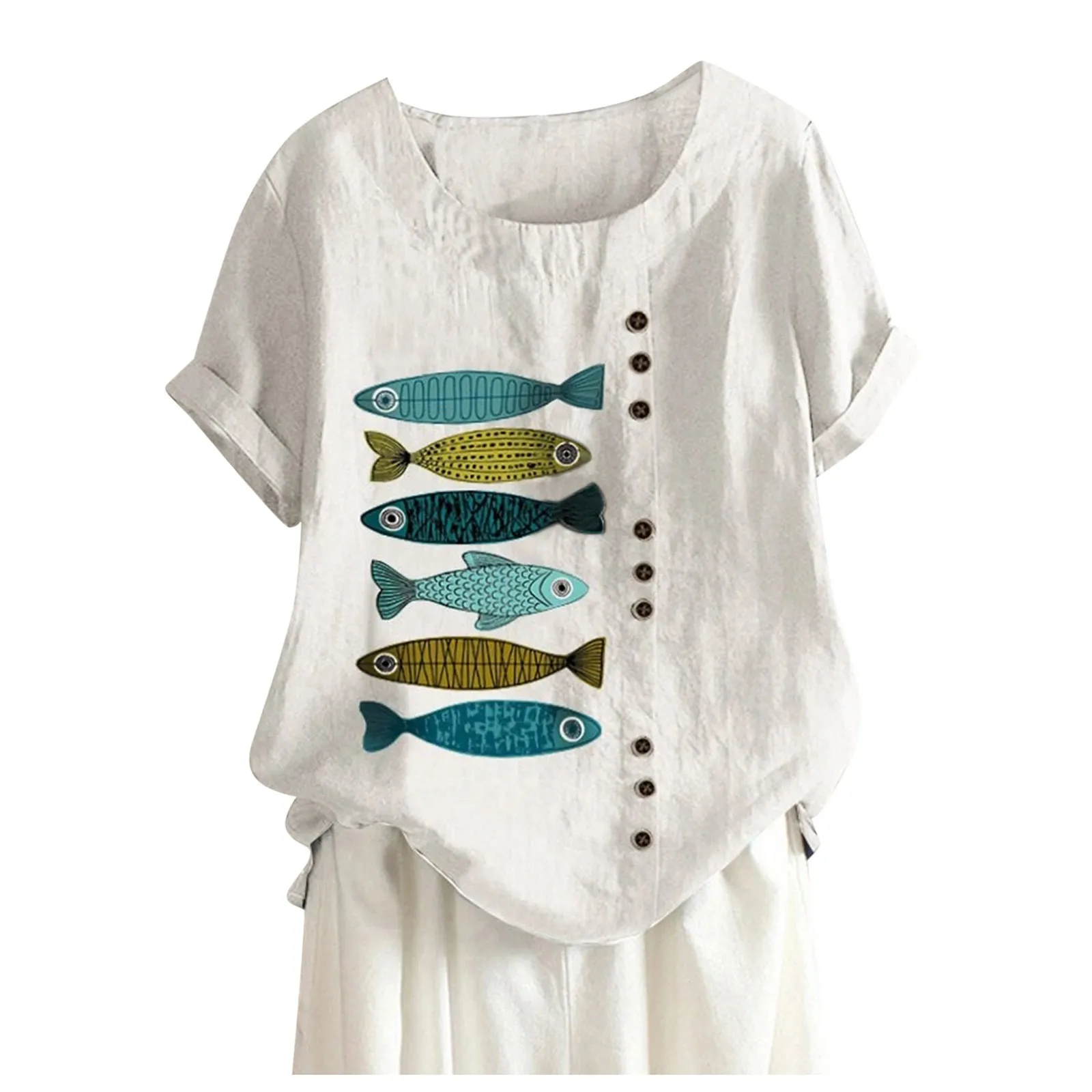 Женская блузка из хлопка и льна с коротким рукавом принтом рыбы | одежда