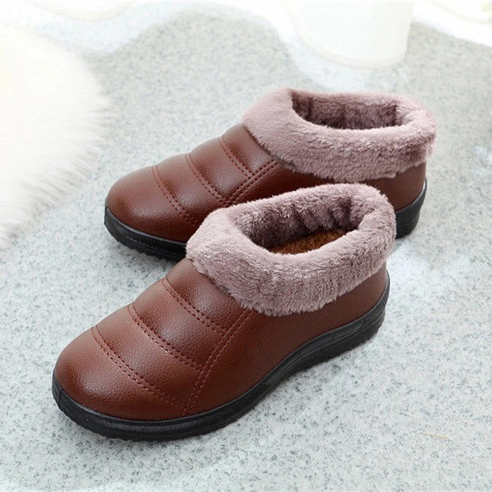 Женские зимние хлопковые ботинки на плоской подошве без застежки с теплым мехом