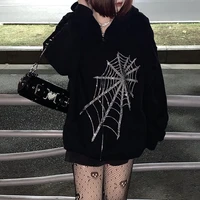 rhinestone spider net hoodie women gothic punk black zipper jacket coat harajuku oversized hooded sweatshirts women clothing