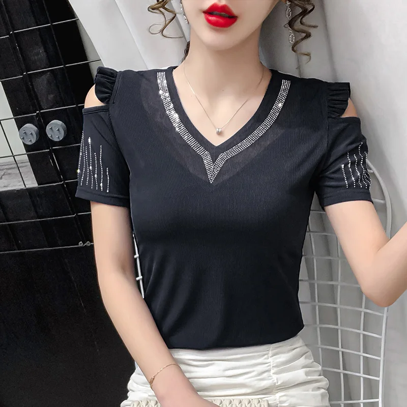 

2021Fashion New V collar Hot drilling Lace Off shoulderTops Women Casual Short Sleeve Tees Summer Woman T-shirt