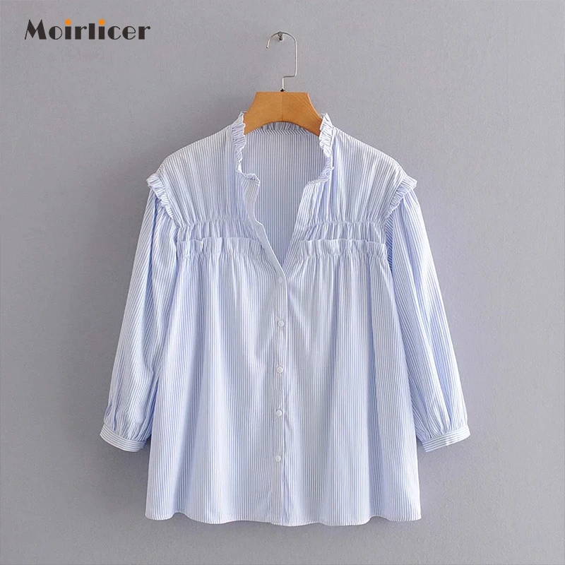 2020 Женская милая свободная полосатая блузка с рукавом три четверти и v образным