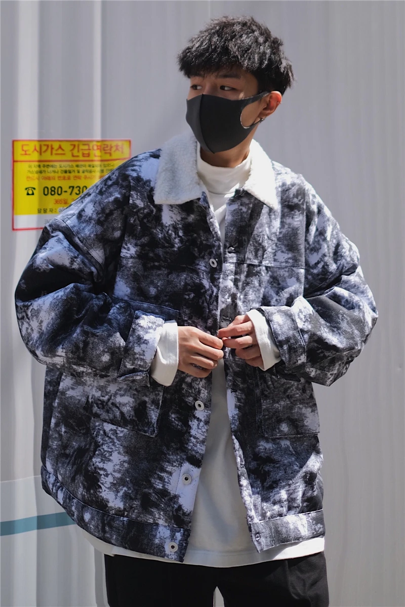 

2019 Autumn And Winter New Youth Popular Irregular Pattern Lapel Tooling Coat Color Matching Fashion Casual Shirt Sky Blue /Navy