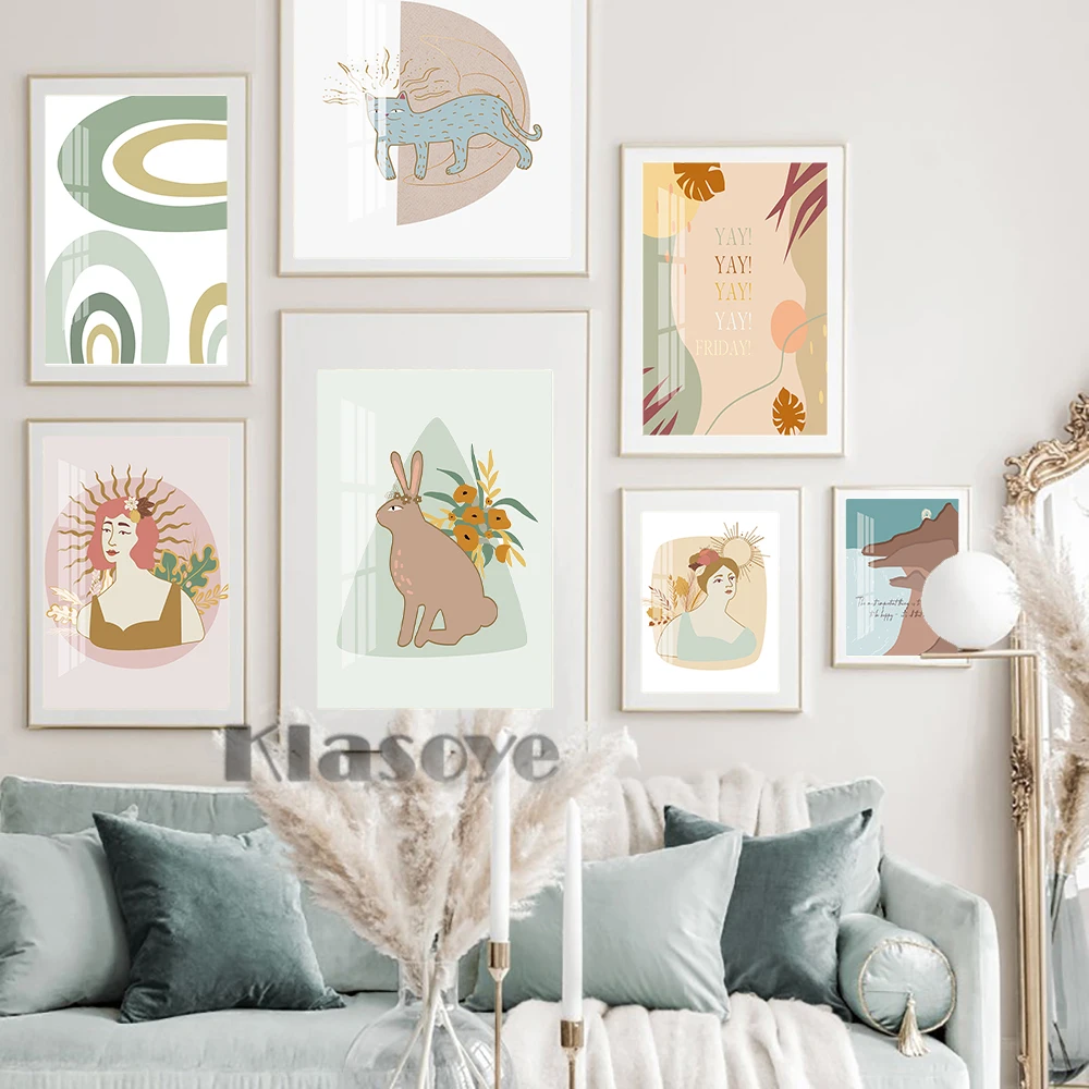 

Scandinavian Wall Art Poster Botanical Flower Abstract Prints Canvas Painting Rabbit Cat Modern Minimalist Girl Room Home Decor
