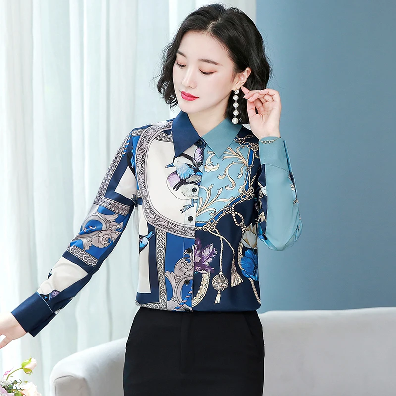 

Женская шифоновая блузка с принтом, рубашка-поло для девочек, повседневные блузки, осенняя модная одежда, Топ с длинным рукавом, женские блу...