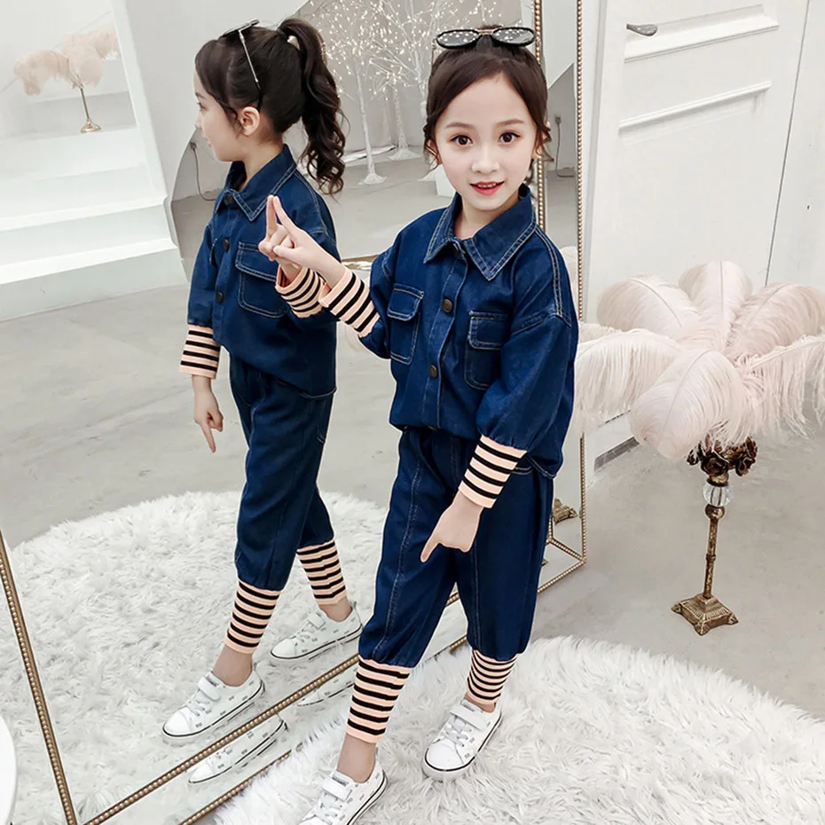 Детская одежда джинсовая куртка и джинсы наряды для девочек брюки-карандаш в