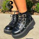 Ботильоны BONJOMARISA на платформе и танкетке, крутые модные мотоботинки в стиле панк, на шнуровке, с уличным декором сердечек, большие размеры 43