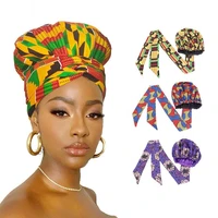 new african ankara pattern satin linned bonnet women long ribbon headwrap double layer headscarf big size adult hair cover