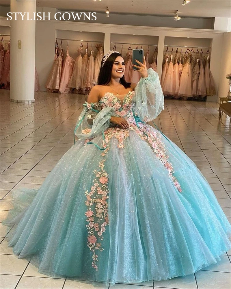 فستان بلون أزرق فوق الكتف مزين بالخرز على شكل كرات فستان الأميرة الحلو 16 Vestidos De 15 Años 2022