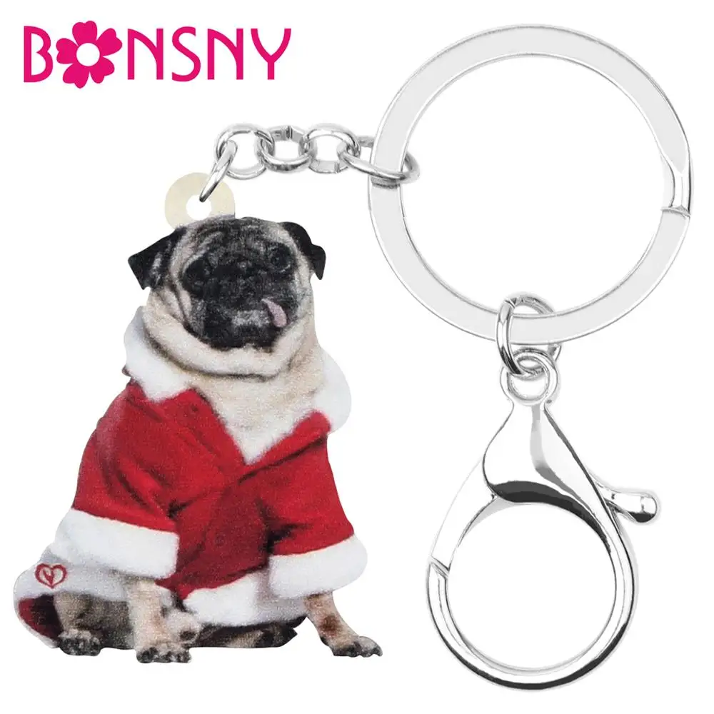 Bonsny акриловые брелки для ключей с рождественским костюмом Мопсом собакой