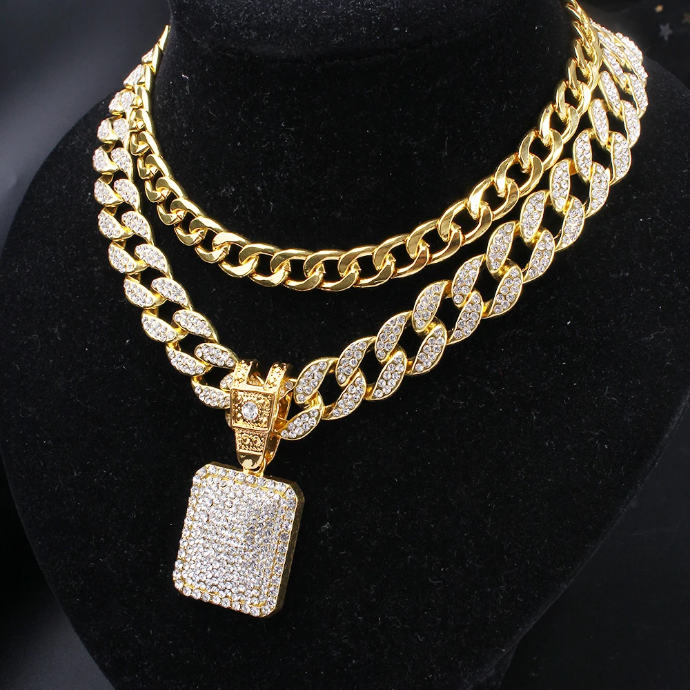 

Full Iced Out Square Pendant & 18" Miami Curb Cuban Chain & 1 Row Cuban Choker Chain Hip Hop Gold Paved CZ Bling Men Jewelry Set