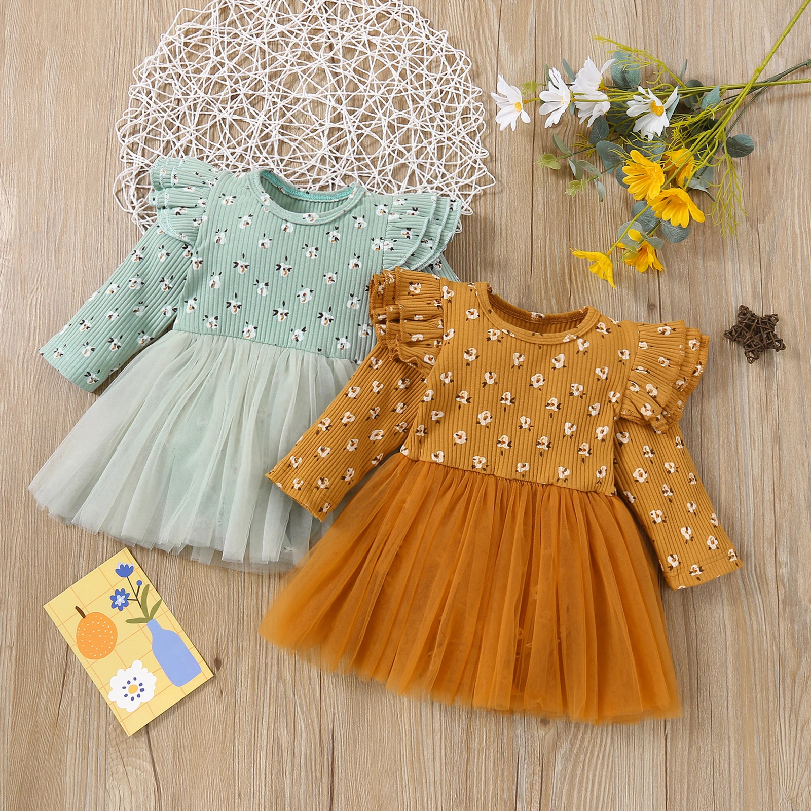 

0-24 months full sleeve baby girl dresses Newborn Ribbed Tulle Playsuit, Baby Girls Floral Print Fly Sleeve Round Neck Romper