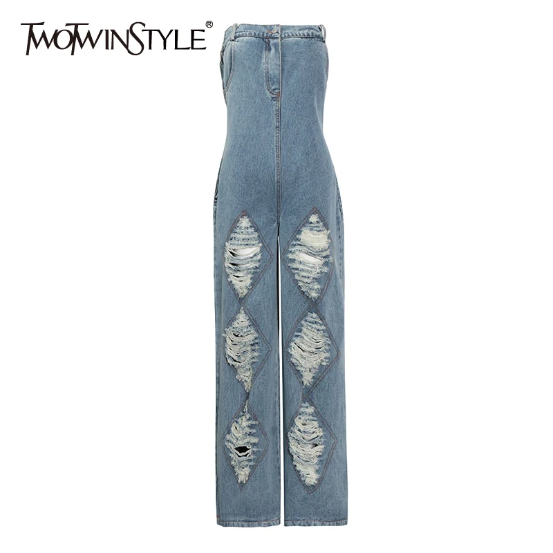 

Женский джинсовый комбинезон TWOTWINSTYLE, Длинные Комбинезоны без бретелек, без рукавов, с высокой талией, с дырками, 2021 одежда