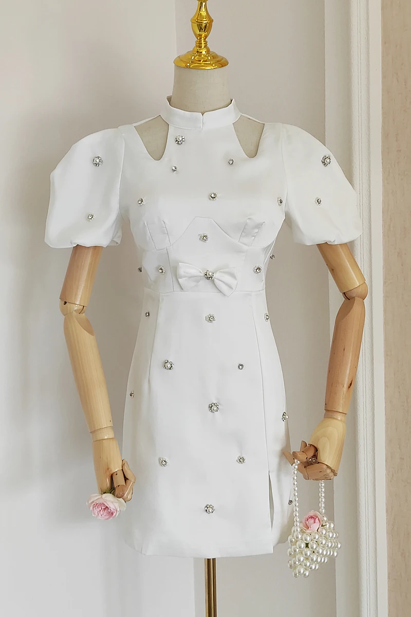 

Summer 2021 Retro Style Bubble Sleeve Diamond-Embedded Beaded Bowknot Hollow Slim-Fit Sheath Improved Cheongsam Dress