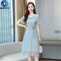 2021 summer sweet chiffon midi dress for women fashion short sleeve light blue floral dress elegant chic party dresses vestidos