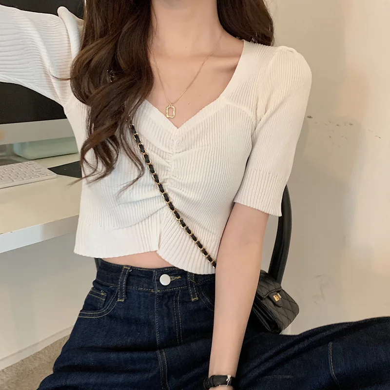 

Женская футболка с V-образным вырезом, повседневная Однотонная футболка из 100% хлопка, серого цвета, 2021