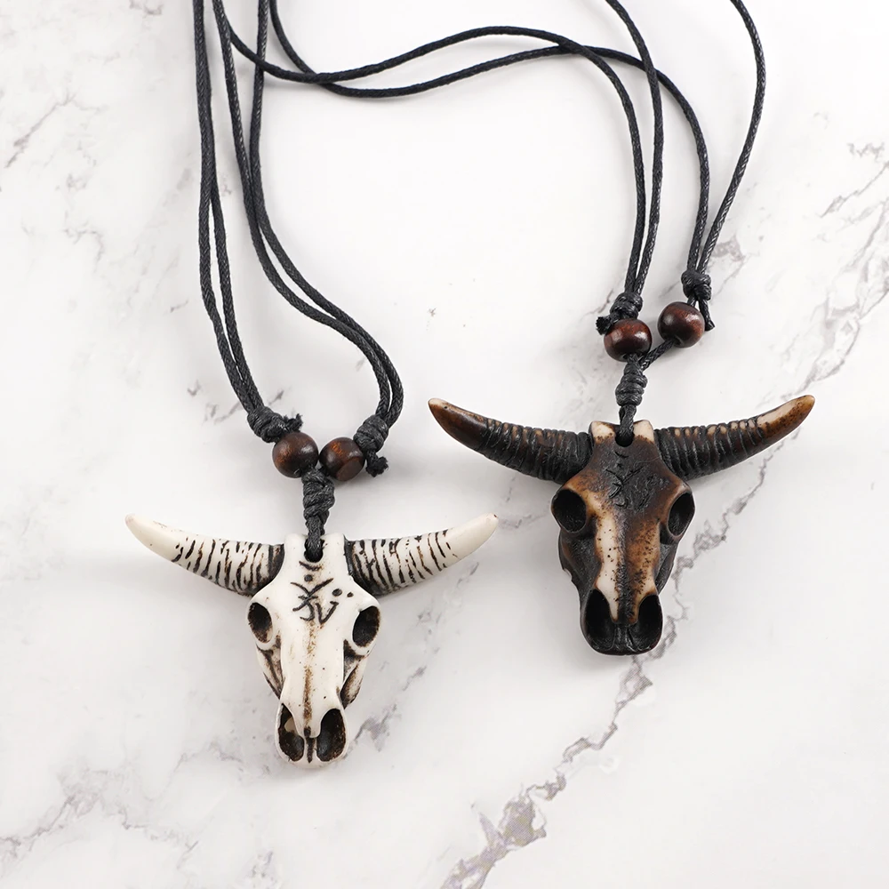 1Pc Ethnic Resin Gothic Skull Bull Head Pendant Adjustable Long Chokers Men's Necklace Animal Owl Charm Jewelry For Best Friend