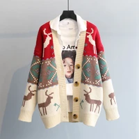 sweet fresh snowflake deer pattern sweater women soft simple femme knitted cardigan 2020 new chic stitching pocket jacket
