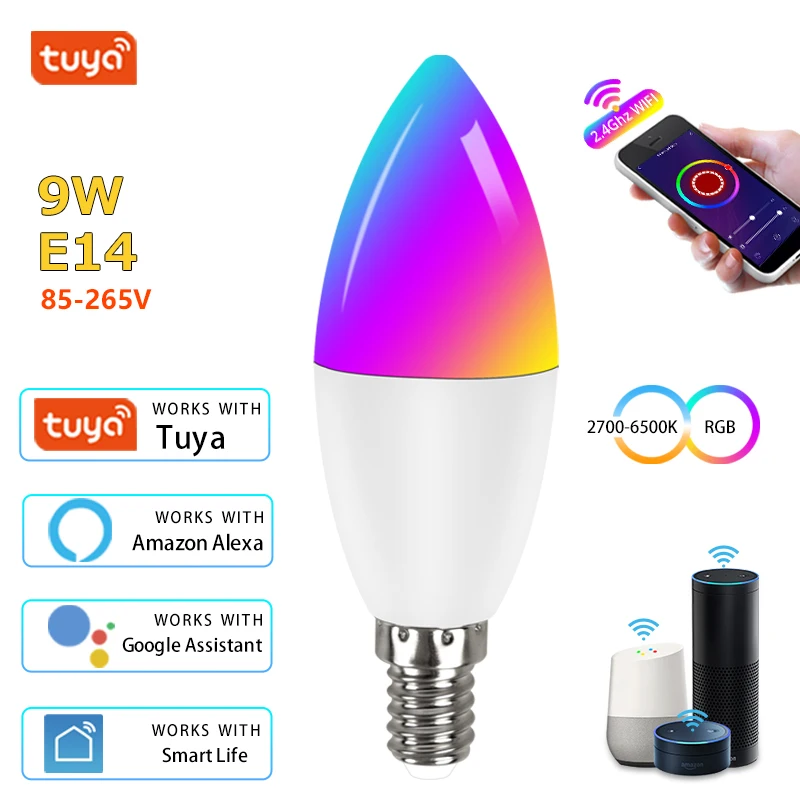 

Умная Wi-Fi LED-лампа E14 RGB+CW+WW 5W/7W/9W С Управлением Через Приложение Tuya Smart Life