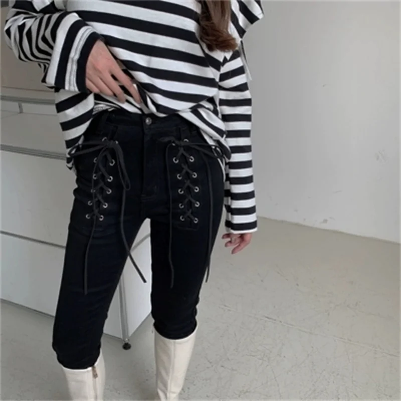 

New foreign chic fashion stretch tight trousers tide high waist cross tie jeans