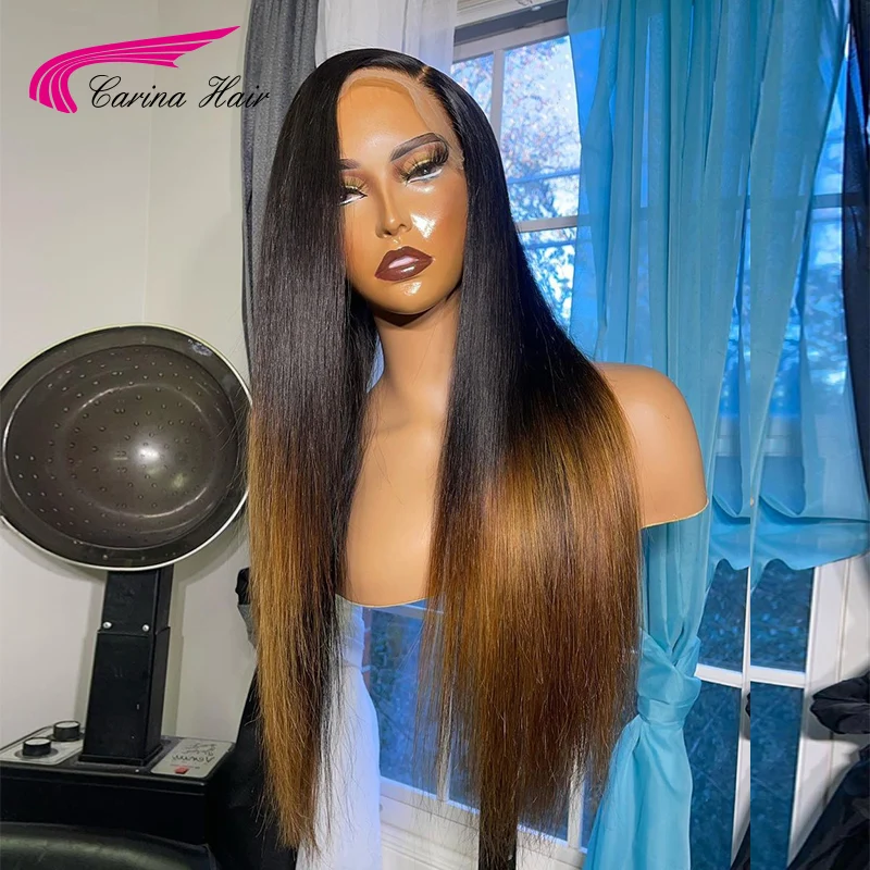Straight 180% Ombre Brown Color Lace Frontal Wigs 13x4 Front Human Hair Brazilian For Black Women PrePlucked Wig | Шиньоны и парики