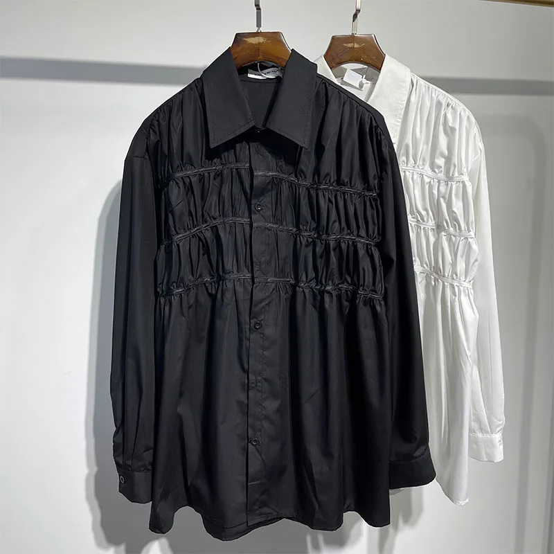 Men's Long-Sleeve Shirt Spring And Autumn New Personality Pleated Design Fashion Trend Casual Loose Large Size Shirt