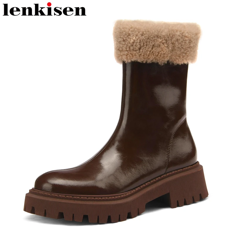 

Зимние ботинки Lenkisen из коровьего спилка, зимние теплые шерстяные водонепроницаемые Нескользящие ботинки на среднем каблуке с круглым носк...