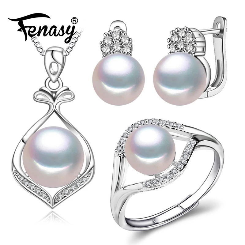 

FENASY 925 Sterling Silver Pendant Necklaces Natural Pearl Jewelry Sets For Women Classic Stud Earrings Fashion Party Rings