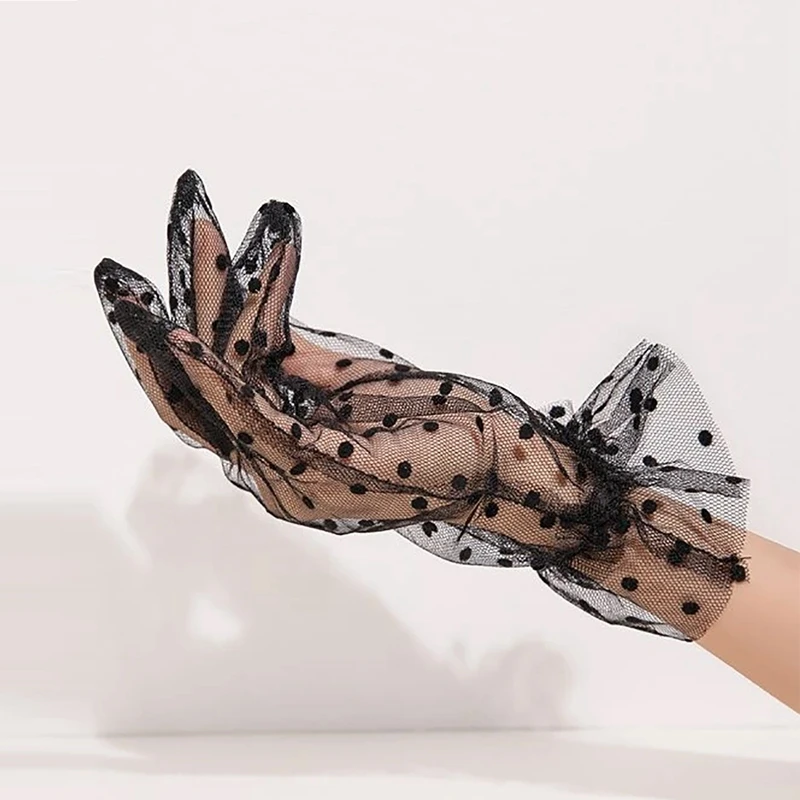

New 1 Pair Grace Autumn Summer Women Short Tulle Gloves Stretchy Lace Spots Lotus Leaf Sheers Flexible Accessories Full Finger