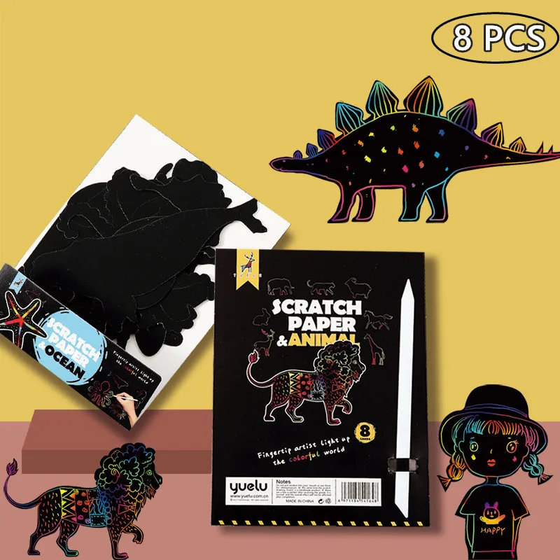 8PC Kids Cartoon Special Shaped DIY Scratch Painting Paper Animal Dinosaur Fruit House Sea Girl Cards Drawing Decompression Toys