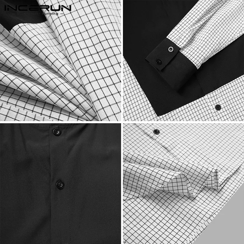 

Men Casual Shirt Plaid Patchwork Streetwear Long Sleeve Button Vintage Blouse Cotton Korean Loose Leisure Camisas S-5XL INCERUN