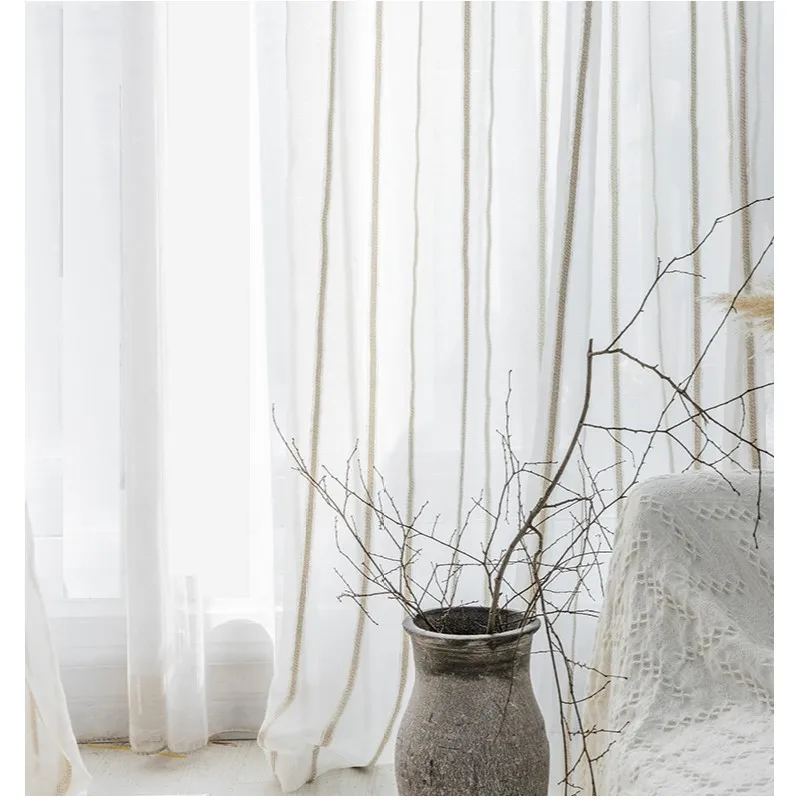 Japanese type contracted stripe linen yarn curtains living room gauze shade kitchen bedroom sitting curtain | Дом и сад