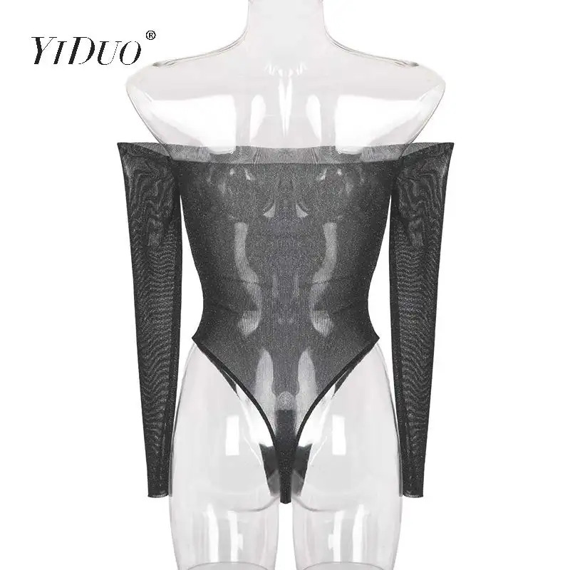 

YiDuo Sexy Long Sleeve Fishnet Bling Club Body Mujer Bodysuit Hollow Out Off Shoulder See Through Women Black Mesh Bodysuits