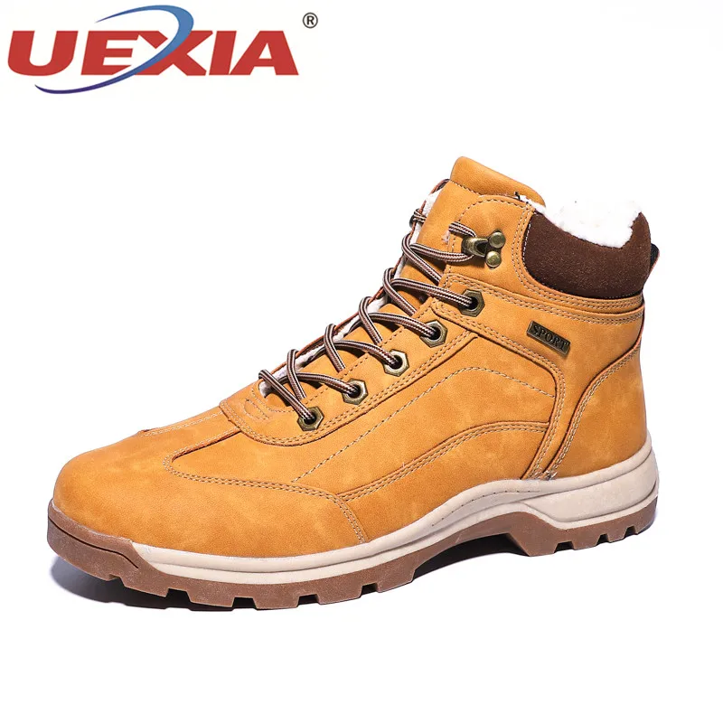 light brown UEXIA/Уличная обувь; мужские зимние ботинки; высококачественные теплые плюшевые зимние кроссовки до середины голени на резиновой подошве - Цвет: light brown