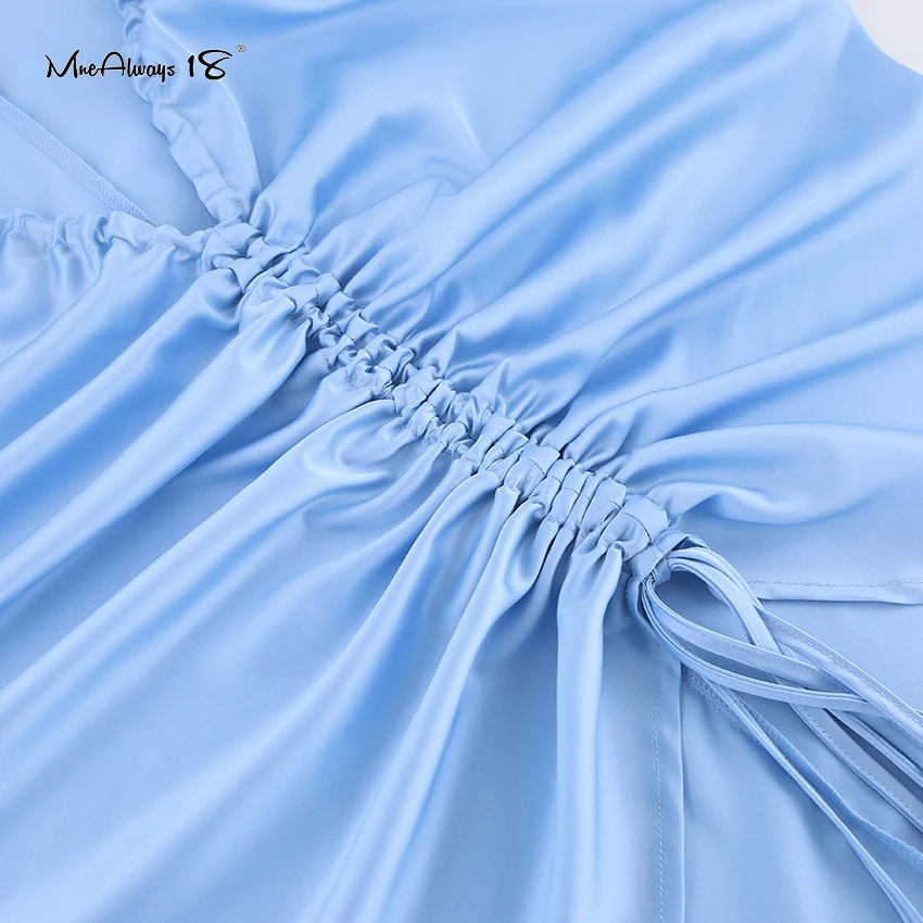 

Mnealways18 Sexy Drawstring Blouse Ladies Long Sleeve V-Neck Blue Women Satin Shirts Lace-Up Autumn Fashion Green Ruched Tops