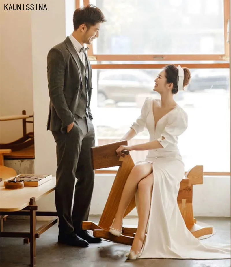 

KAUNISSINA Long Wedding Dresses Women Boho V-Neck Satin White Mermaid Bride Gowns Custom Made Sweep Train Bridal Dress Vestido