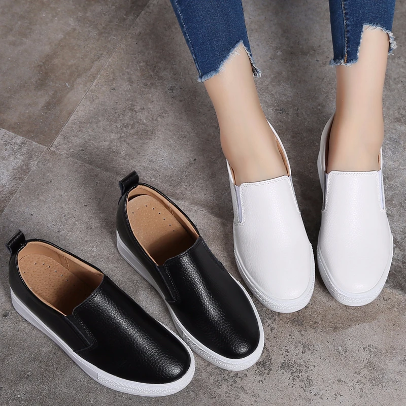 

AQLOAC Increased Within Women Slip On Running Shoes Loafers Platform Shoes Black Genuine Leather Ladies Comfort Casual White