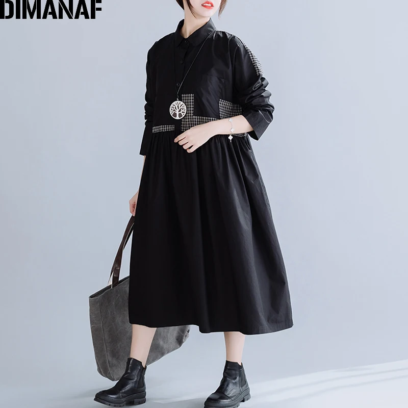 DIMANAF плюс размер зимнее винтажное женское платье свободное Плиссированное