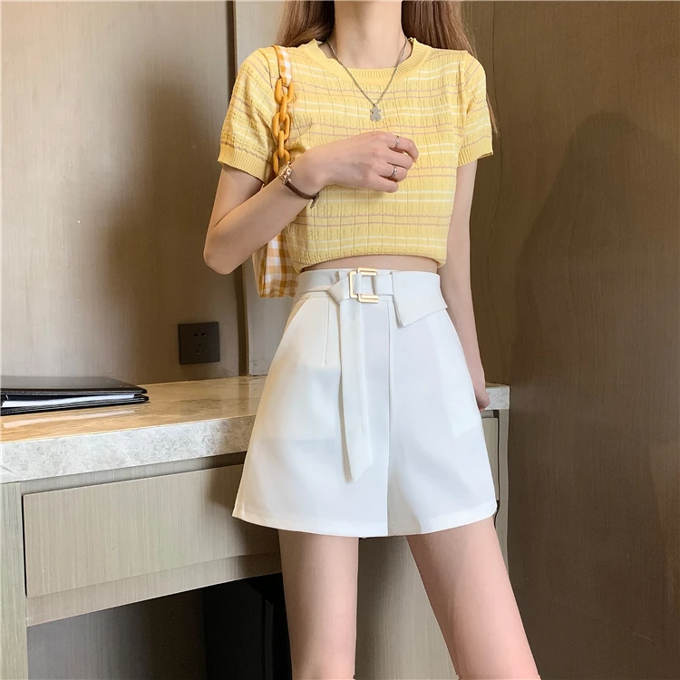 

Summer Women Shorts Lady High Waist Business Work Short Suits Straight High Waist Female Push Up Shorts Sashes Elegant Femme