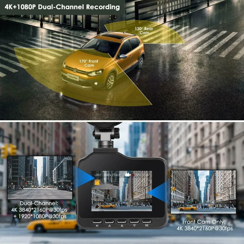 Настоящий 4K 3840*2160p 30fps dash cam встроенный gps WI-FI Автомобильный видеорегистратор для путешествия Автомобильный видеорегистратор с камерой с двумя объективами видеорегистратор заднего вида видеорегистратор с разрешением FULL HD 1080P