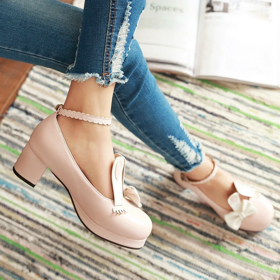 Spring Autumn Sweet Lolita Rabbit Ears Shoes Girls Pumps Single Med Heel Student Party Cosplay 2021 Fashion Tide Dropshipping
