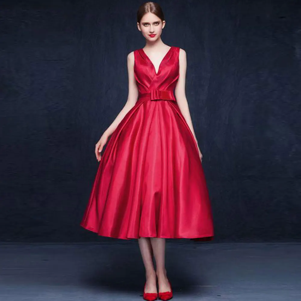 

Bowknot\Bow Sleeveless Banbage Open back Button Tea length V-Neck A-line Red Evening Dresses high quality sexy Fashion