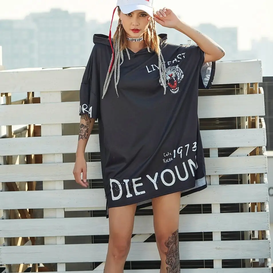 Lion Head Printed Letters Women Long T Shirt Hooded Harajuku Black Oversize Hip Hop Tshirt Girls 2021 Summer Top