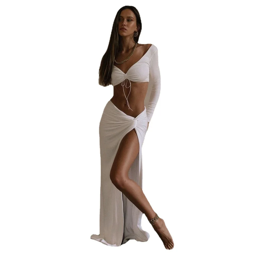 

Pareo For The Beach 2021 Kaftan Women Dress Summer Autumn New Sexy Drawstring Backless Opencut Lace Up Solid Color Long Sleeve T