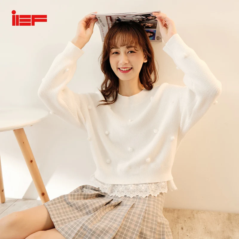 Женский трикотажный свитер IEF однотонный пуловер с круглым вырезом и длинными