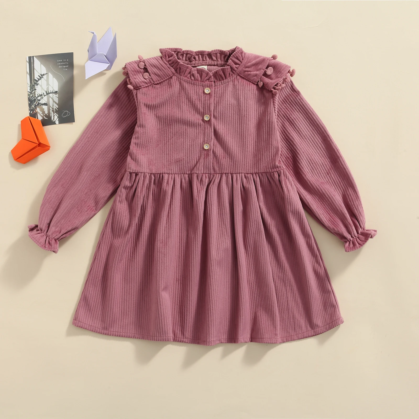 

Toddler Baby Girl Cute Corduroy Dress Solid Color Long Sleeve Ruffle High Waist Buttons A-line Dresses Autumn Clothes 3-7Y