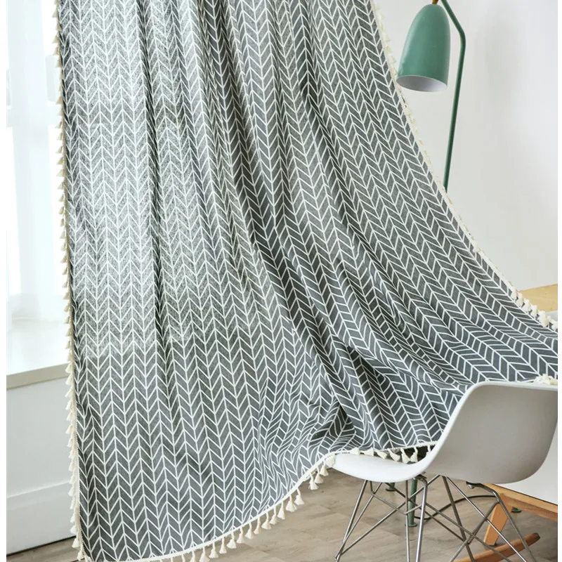 

American Country Style Cotton Linen Stripe Tassel Curtain Window Hanging Blackout Curtain for Living Room Easy Drape for Window